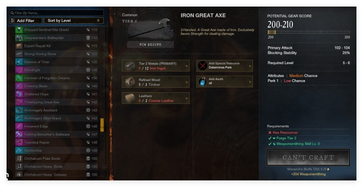 New World crafting recipes